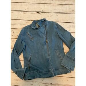 Twiggy London Denim Moto Jacket Blue Asymmetrical Zip Fleur-de-lis Medium Wash M